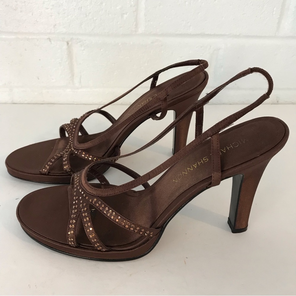 Michael Shannon Womens Satin Bronze Rhinestones Open Toe Shoes Strappy Heel 9m